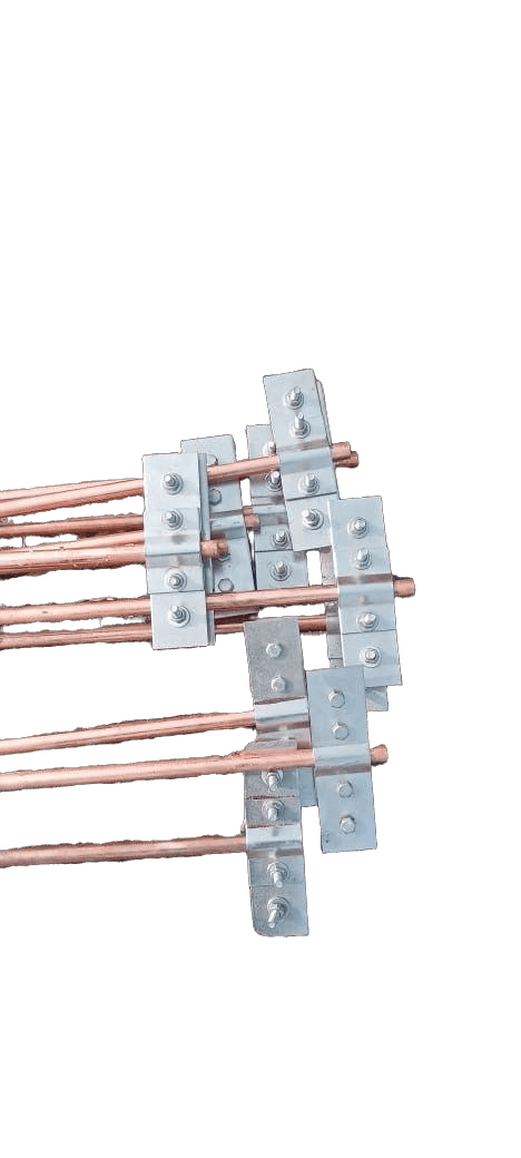 Copper earthing rods with galvanized steel mounting clamp assemblies