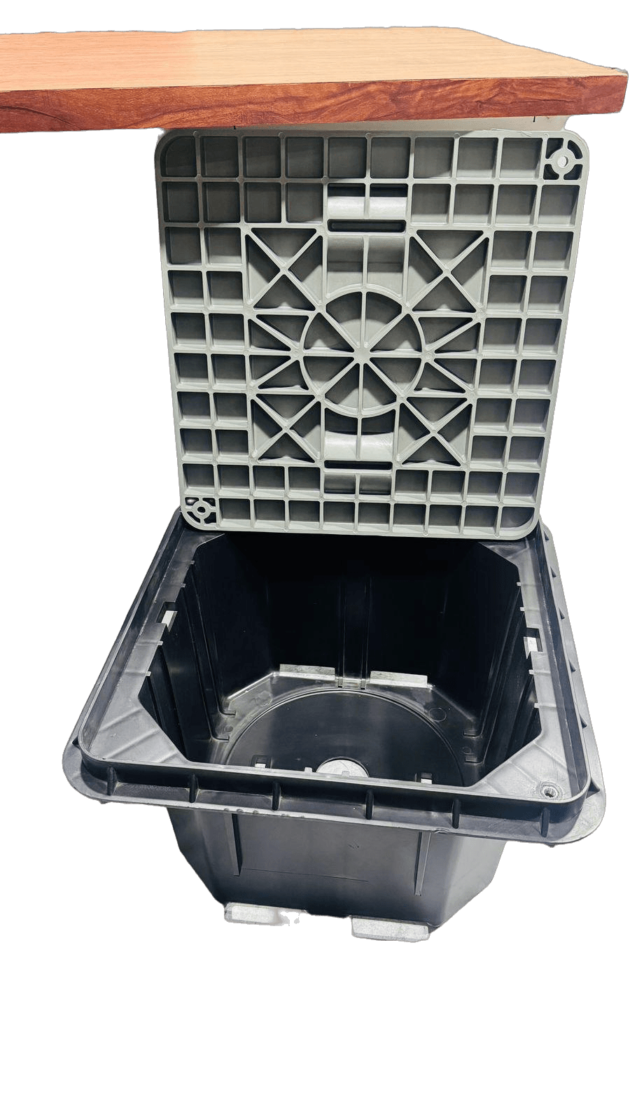 FRP earthing pit inspection chamber with opened lid and testing plate